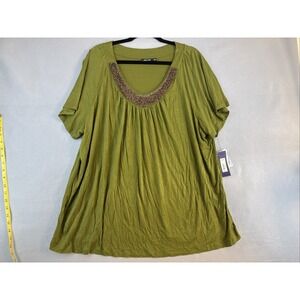 Apt. 9 Shortsleeve Top Size 3X Olive Green, Gold Sequence On Collar